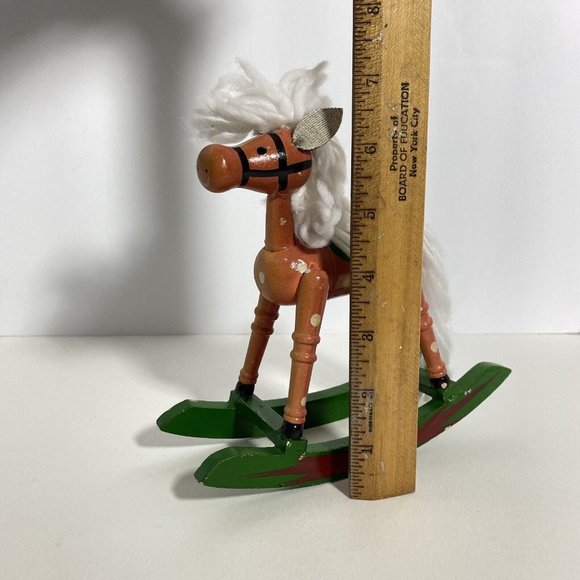 Christmas Rocking Horse Wood Vintage Figure Miniature White Green Brown 7in Tall - Picture 7 of 7